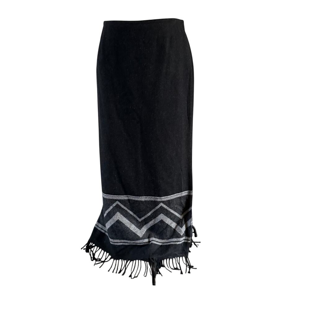 Vtg Y2K 2000s Black Wool Blend Fringe Wrap Skirt Plus Size 16